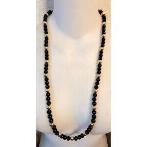 Vtg Signed Napier Beaded Strand Necklace Faux Black Onyx Gold Beads 30" 70s 80s